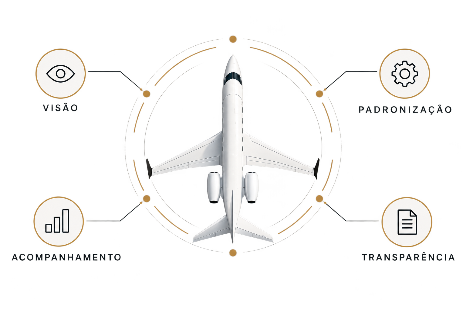Diagrama com avião central e benefícios da gestão integrada: visão, padronização, acompanhamento e transparência