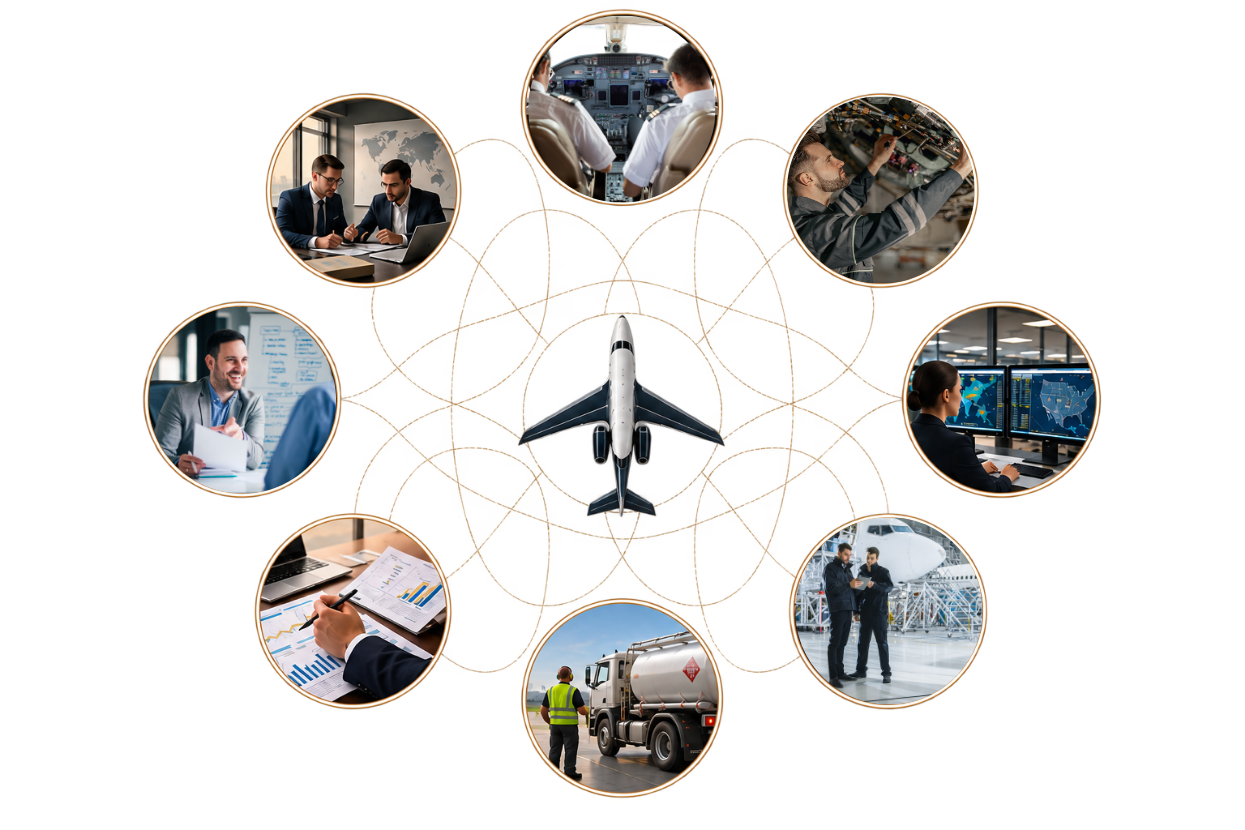 Aeronave no centro conectada a áreas como pilotos, manutenção, financeiro, fornecedores, documentação e planejamento