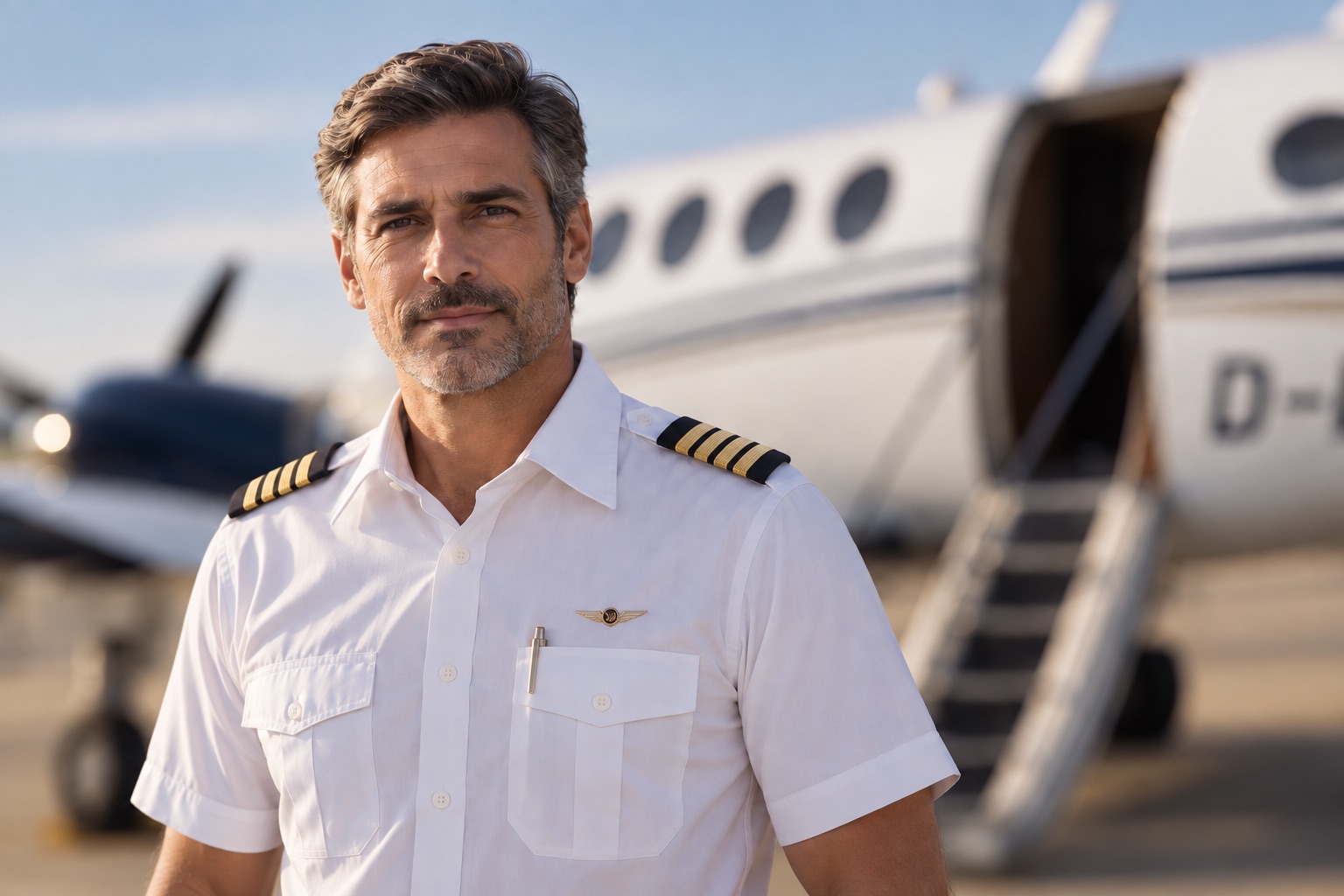 Piloto executivo em frente a uma aeronave